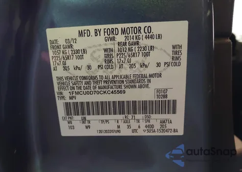 2012 Ford Escape Xlt из США, поврежденный, VIN 1FMCU0D70CKC45569